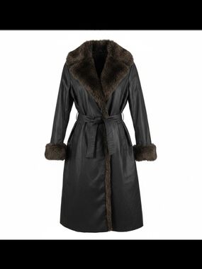 London Fog Black Leather Trench Coat with Brown Fur Trim